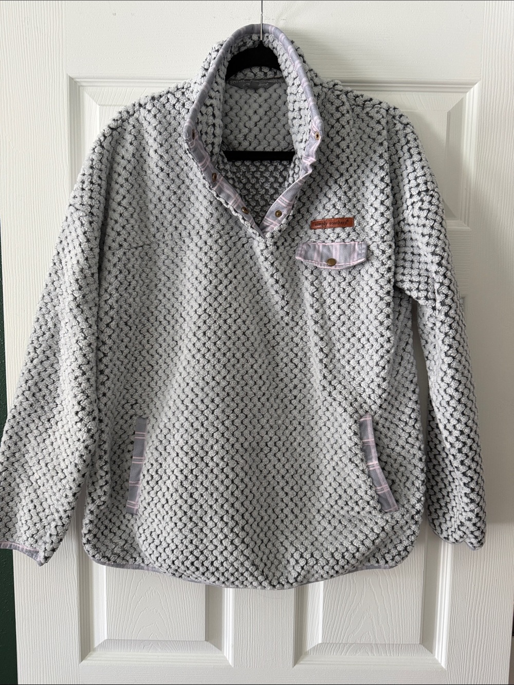 Simply Southern Gray Textured Cowl Pullover with Pink Plaid Trim
